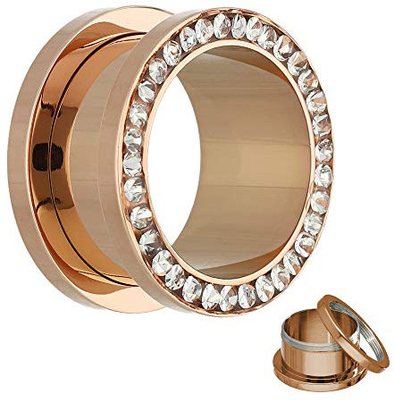 Treuheld® | 6mm Kristall Ohr Flesh Tunnel | Rosé Gold mit transparenten Zirkonia Steinen | Chirurgenstahl | Gewinde Schraubverschluss | Damen