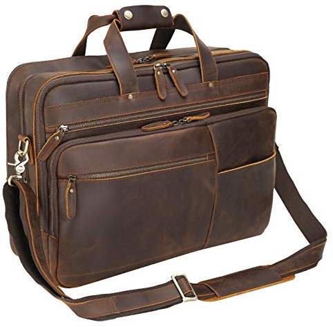 Polare X-Large 18 Full Grain Leather Briefcase For Men Business Travel Case Messenger Bag Fits 17.3 Laptop (Brown)