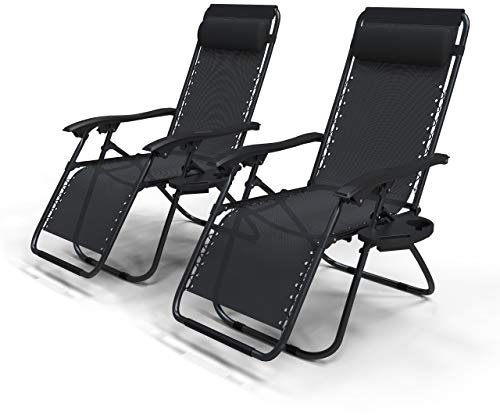 vounot® Chaise Longue Inclinable en Textilene avec Porte Gobelet Et Portable Noir Lot de 2