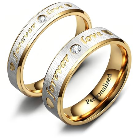 Ihanskio Anillo personalizado para pareja anillos de patrón de rayas de doble Color en el interior puede grabar de Compromiso de boda de promesa (Oro-LOVE, 1 PAIR)