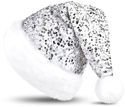 KONVINIT Gorro Navidad,Gorro de Navidadon Lentejuelas,Cálido Gorro de Navidad para adultos,Gorro Navideño y Sombrero de Santa Claus,Gorro brillante para navidad,plata