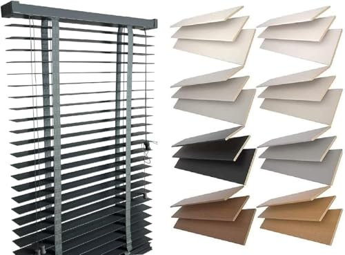Venetian Faux Wood Blind wooden Venetian Blinds With Tape Ladder 50mm Slats TRIMMABLE Fauxwood Grey with Contrast Tape Living Room Garden House Kitchen Blinds (120cm x 150cm)