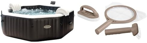 Intex 28462EX - PureSpa Vasca Idromassaggio Gonfiabile Jet&Bubble Deluxe Ottagonale, 6 posti, 140 Getti, Riscaldatore, Nero, 218x71 cm & 28004 - Kit Pulizia PureSpa, 3 pezzi, Plastica, Multicolore