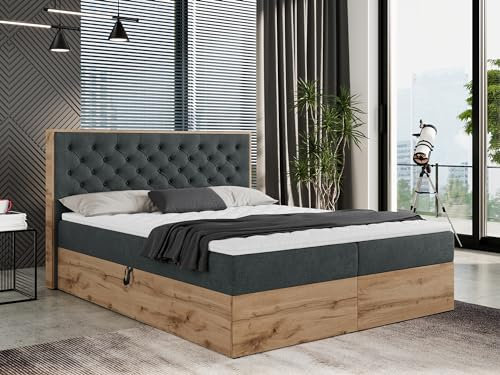 MKS MEBLE Boxspringbett 200x200 mit Bettkasten Holz Holzrahmen, Boxbett 200x200 mit Matratze H3 und Kopfteil - Grau Struktur - Albero-3
