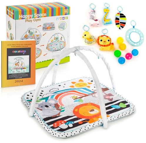 NIBLEAR Gimnasio Bebe 0-6 Meses con 5 Juguetes y Espejo, Tapete de Actividades Bebé con 6 Bolas de Colores, Manta de Juegos Bebé con Guía Práctica Digital