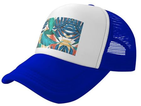 MDATT Men Women Washed Adjustable Dad Hat for Outdoors,Flat Bill Snapback with High Ponytail Design,Tropical Palm Leaf Print Blue