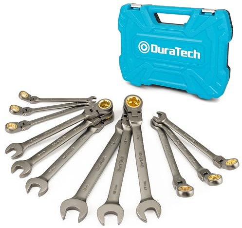 DURATECH Juego de llaves de trinquete con cabeza flexible antideslizante, juego de llaves combinadas, 12 piezas, 72 dientes, métricas, 8-19 mm, acero CR-V, organizadas en estuche de almacenamiento