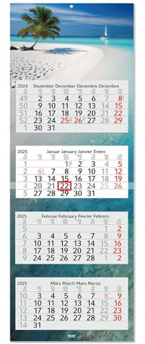 Timr 4-Monatskalender 2025 Strand I Wandkalender 4 Monate I 33 x 90 cm I mehrsprachig D/GB/F/ES I Jahresplaner mit Schieber Mehrblatt-Kalender I Meer Urlaub-Motiv Karibik I tr_243