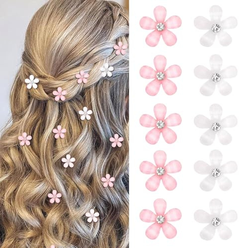 Mezrkuwr Lot de 10 mini pinces à cheveux en forme de fleurs blanches et roses avec strass - Jolies épingles à cheveux décoratives pour mariage
