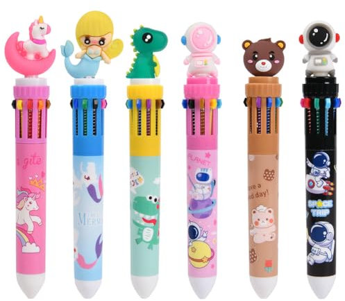 AUAUY 10 färger kulspetspenna, 6 st 10 i 1 infällbara kulspetspennor, 0,5 mm, tecknad djurform kulspetspenna för kontorsmaterial för skolmaterial, studenter, barn, present
