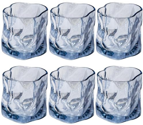 LOITTAINUE Juego de 6 vasos de 200 ml, cristal irregular, vasos de whisky, vasos de café helado, vasos de cóctel, vasos largos, agua, té, café, zumo, aptos para lavavajillas (azul)
