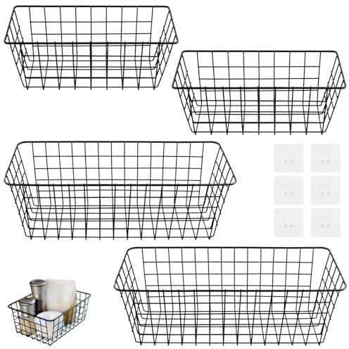 CHUENKUK Juego de 4 cestas de alambre de 28 x 12 x 12 cm y 38,5 x 15,5 x 14 cm, de metal, color negro, para cocina, baño, despensa, oficina