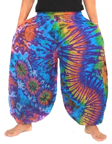 Jing Shop Men's Women's Tie Dye Harem Balloon Pants – Boho Hippie Festival Pants, Wide Leg, Loose Fit, Drawstring Waist – Purple