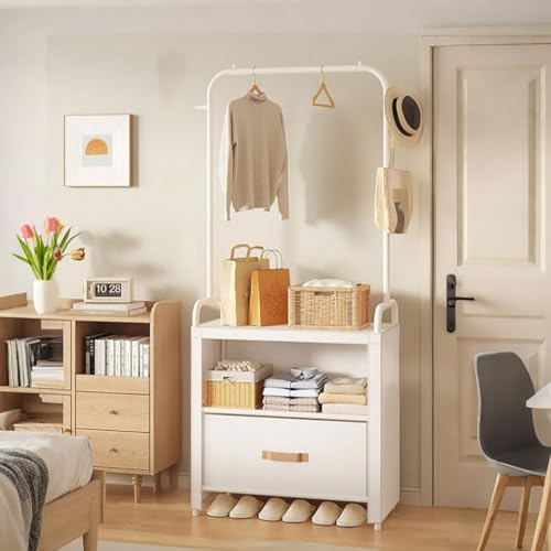 Perchero de Pie con Cajón Guardapolvo, Independiente Armario Almacenaje Guardarropa con Ganchos en Ambos Lados, Perchero de Ropa para Entrada de Cama Dormitorio Sala de Estar
