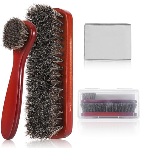 4Pcs Horsehair Shine Shoes Brush Kit, Horse Hair Brush for Leather, Cleaning Leather Shoes Boots Care Brushes with Microfiber Shoe Cloth, Horsehair Brush