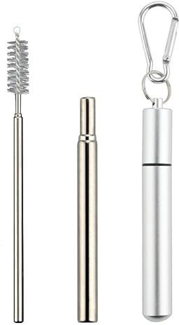 TRLREQ 2 Stück Edelstahl Strohhalme 18/10 Edelstahl Teleskop Strohhalm Einstellbare Länge bis 23 cm Strohhalm To Go mit Metallgehäuse und Schlüsselring