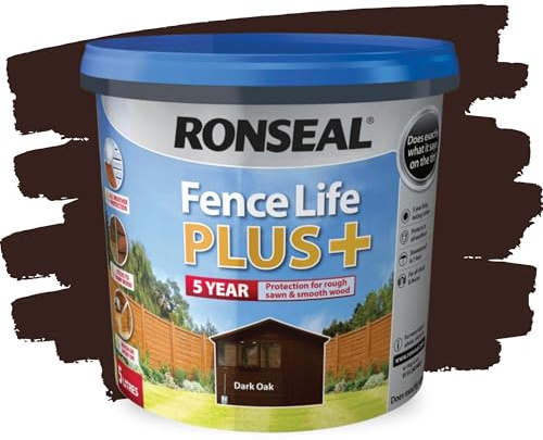 SAVING HUB 2x Fence Paint 5L – Shed & Fence Life Plus Paint for Outdoor Wood – Weatherproof Garden Paints – For Rough Sawn & Smooth Timber – Exterior Wood Treatment, (Dark Oak, 5 Liter)