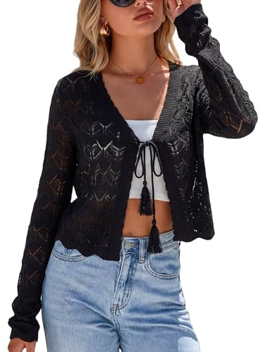 Arach&Cloz Cardigans for Women UK Linen Lightweight Crochet Tie Knot Cropped Bolero Shrug Summer Beach Vacation Top