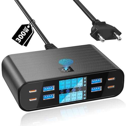 YSYFAD Caricatore USB C Multiplo 8 Porte con Schermo LED 300W GaN Ricarica