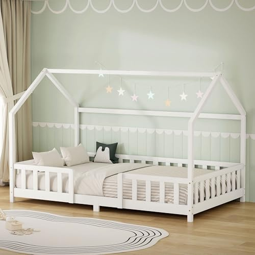 ML-Design Letto a Casetta per Bambini 120x200 cm Una Piazza e Mezza con Protezione Anticaduta, Tetto e Rete a Doghe, Bianco, Letto Montessori a Terra in Legno Massello di Pino, per Cameretta