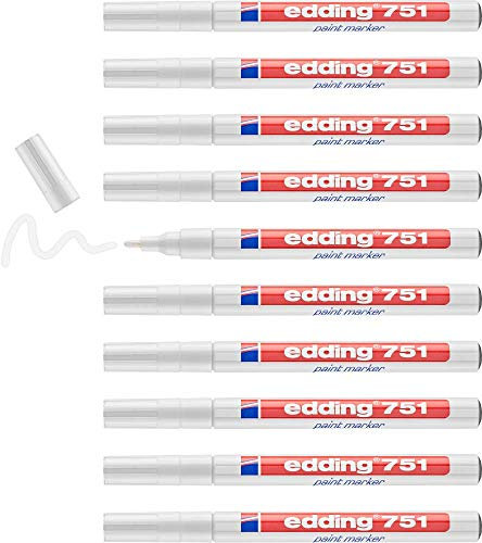edding 751 Lackmarker - weiß - 10 Lackmarker - Rundspitze 1-2 mm - Lackstift für Glas, Stein, Holz, Kunststoff und Papier - wasserfest, stark deckend 751-049