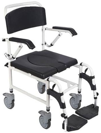 Attendant controlled Wheeled mobile commode shower chair with footrests and flip up armrests