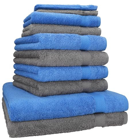 Betz Premium Handtuch-Set 10-teilig – 100% Baumwolle – Oeko-TEX® Zertifiziert – saugfähig&weich – 470g/m² – Duschtücher, Handtücher, Gästetücher & Waschhandschuhe – Farbe hellblau & anthrazit