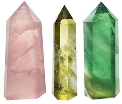3-delar kristallstavar av rosenkvart, gul kvarts & fluoritsten, spetsig och fasetterad för helande reiki chakra meditationsterapi dekor