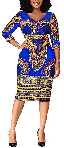 VERWIN Halva vaden V-ringad trekvarts ärm tryck kvinnor bodycon-klänning afrikansk midi-klänning, BLÅ, L