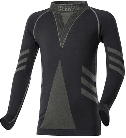 Ladeheid Camiseta Térmica Niño Manga Larga – Camiseta Deportiva de Compresión, Ropa Interior Funcional Unisex Niños, Transpirable y Cálida para Invierno y Deportes LAGI007 (Negro/Khaki, 146-152)