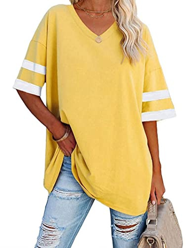 Voopptaw Striped Half Sleeve Tunic Tops Women's Loose Casual V Neck T Shirt Yellow XXL