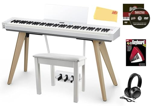 Casio PX-S7000 Privia Digital Piano - White Bundle with Bench, Stand, Triple Pedal Unit, Headphones, Instructional Book, Online Lessons, Instructional DVD, and Austin Bazaar Polishing Cloth