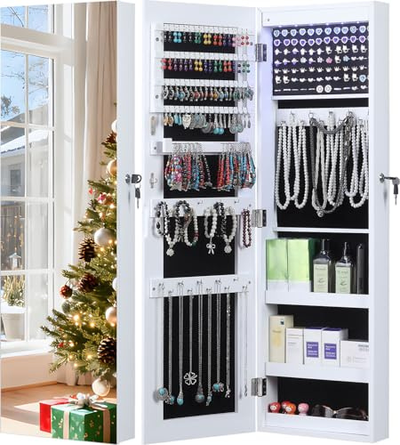 GISSAR Full Length Mirror Jewelry Cabinet, 6 LEDs Jewelry Armoire Wall Mounted Over The Door Hanging, Jewelry Organizer Display Storage Furniture with Lights Locker Mirrored Cabinet, 39.4 H, White