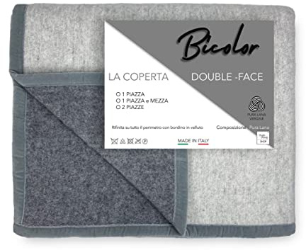 Tex family Coperta in Lana - Bicolor - Pura Lana Vergine - Morbida e Calda - Grigio Melange - Matrimoniale 2 Piazze - Cm. 210x250