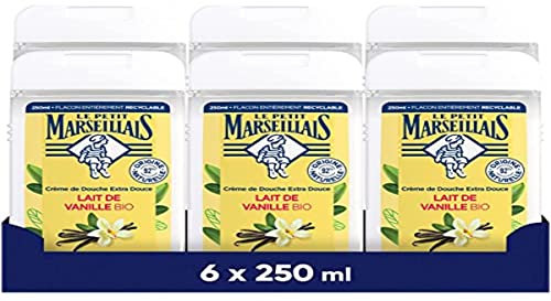 Le Petit Marseillais - Crème de Douche Extra Douce Lait de Vanille Bio (lot de 6 flacons de 250 ml) – 92 % d'ingrédients d'origine naturelle – Flacon entièrement recyclable