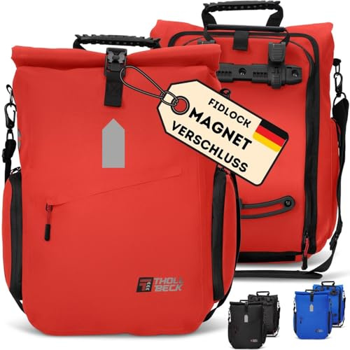 THOLLBECK IMPULS 3in1 Fahrradtasche & Fahrradrucksack (23-27l) - wasserdicht für Gepäckträger bei Fahrrad & E Bike- Mountainbike Herren & Damen mit Laptopfach (Rot, recycelt)