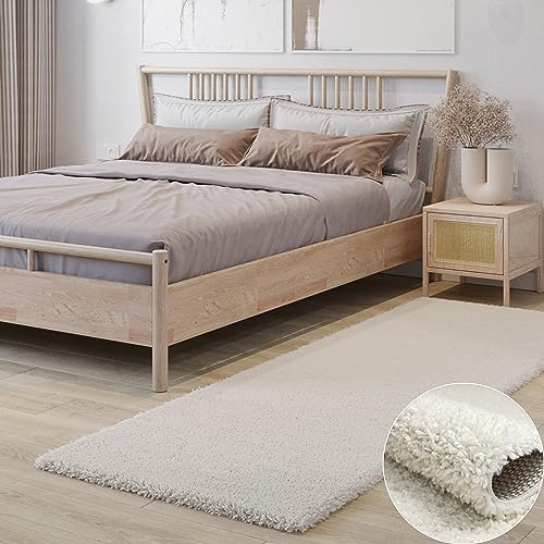 MY-RUG Shaggy Star kuscheliger Langflor Teppich, Rutschhemmende Unterseite, extra Langer Hochflor 37 mm, Pflegeleicht, Super Soft, Felloptik, Creme, Läufer 250 x 80 cm
