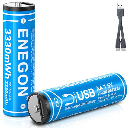 ENEGON 2 Pilas Recargables de Litio AA, 1,5 V de Ion de Litio USB AA con Cable de Carga 2 en 1 Tipo C, Carga rápida en 2 Horas