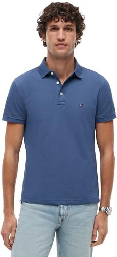 Tommy Hilfiger Men’s Short Sleeve Slim Fit Polo Shirt with Button Placket, Blue (Aegean Sea), XL
