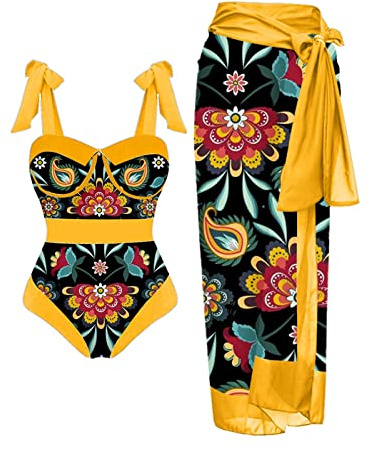 Women Swimsuit Two Piece Matching Chiffon Long Skirt Swimwear Tummy Control Floral Printed Swimming Costume Push Up Bikini Beachwear Yellow