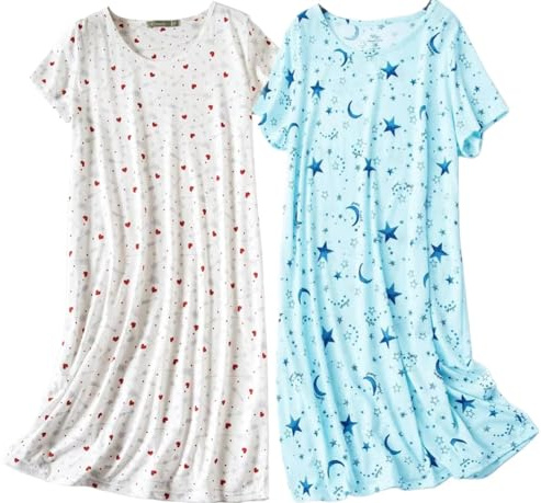 BERDITH 2 Pack Nighties for Women Nightdress Ladies Cotton Blend Nightie Soft Night Dress Womens T Shirt Nightdresses Summer Plus Size Nightwear Sleep & Lounge UK 14-16 white Mum Mummy