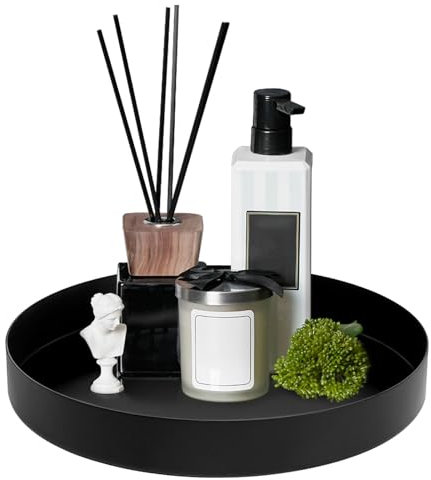 Deko Tablett Rund 20cm Schwarz, Serviertablett aus Metall, Dekoteller Organizer Kerzenteller für Kosmetik Dessert Kerzen