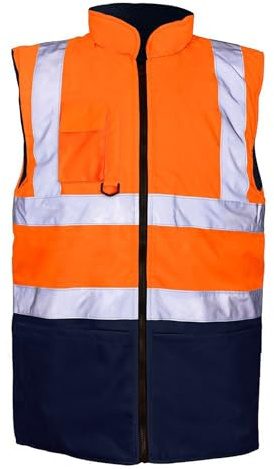 Hi Vis Body Warmer – High Visibility Fleece-Lined Reversible Gilet, Waterproof Reflective Safety Vest for Workwear, Security, and Construction – Warm & Insulated Sleeveless Jacket (Orange/Navy XL)