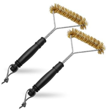 Risipu 2 Stück Grillbürste Messing | Messing Grillbürste für Gussrost | Extra Harte Messingborsten | Grill bürste für Gasgrill, Holzkohlegrill, Elektrogrill | Mit Rutschfestem PP Griff, Aufhängeöse