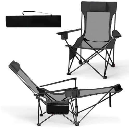 COSTWAY Silla Plegable Camping con Reposapiés Extraíble, Tumbona Reclinable con Respaldo Ajustable de 4 Niveles, Reposacabezas, Portavasos, Bolsa de Transporte, Jardin Playa Piscina (Gris)