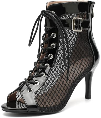 Enelauge Women's Mesh Sandals Summer Booties Mesh Booties Zipper Peep Toe Lace Up Buckle Strap Kitten Heels Sexy Wedding Dance Dressy Ankle Boots Black 45-11.5US