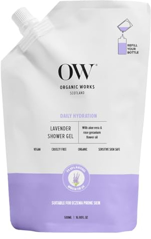 Organic Works Lavender Shower Gel 500ml–99.99% Natural Intense Hydrating Hypoallergenic Body Wash for Dry to very dry skin - Aloe Vera & Geranium Oil,Regulates oil production,firms the skin Made in UK