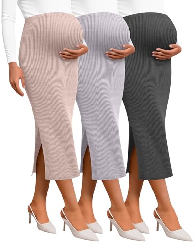 Neer 3 Pack Women's Maternity Skirts, Split Midi High Waist Ribbed Knit Solid Stretchy Pregnancy Pencil Long Skirt Clothes(Light Pink, Light Purple, Dark Gray,Small)