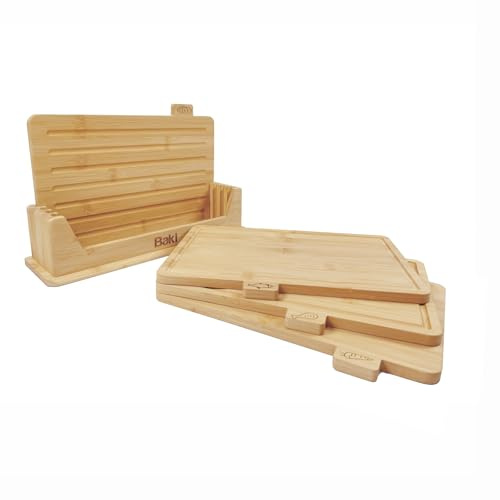 Baki Premium Bamboo Chopping Board Set of 4, Perfect for Bread, Fish, Meat, and Vegetables with Rack, 1.2CM Board Thickness