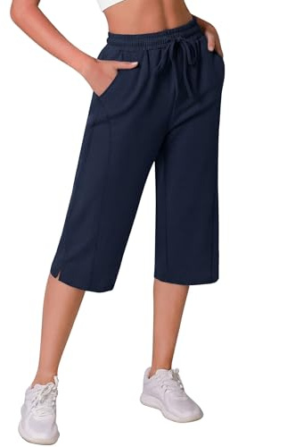 Crewhpo Pantaloni 3/4 Donna Estivi Pantaloni Capri Elegante Pinocchietti Casual Larghi con Tasche Pantaloni Sportivi Vita Alta per Yoga Palestra Jogging Fitness Sport Blu Navy XXL